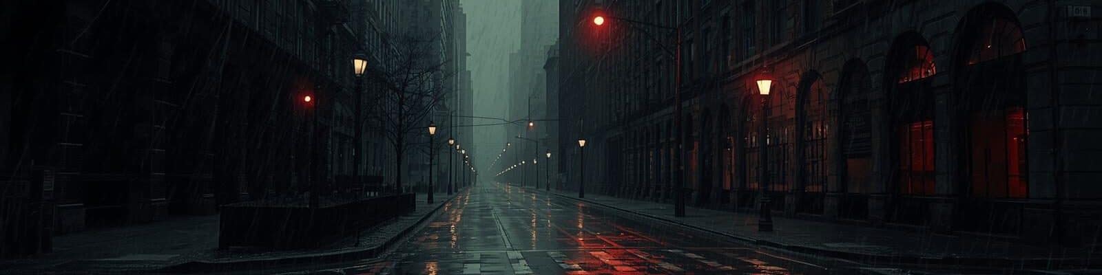 Dia chuvoso em cidade com os postes com luz vermelha