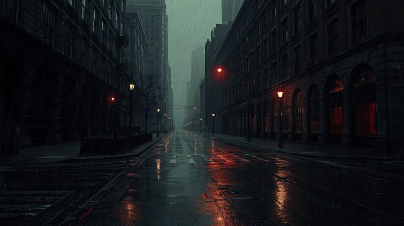 Dia chuvoso em cidade com os postes com luz vermelha