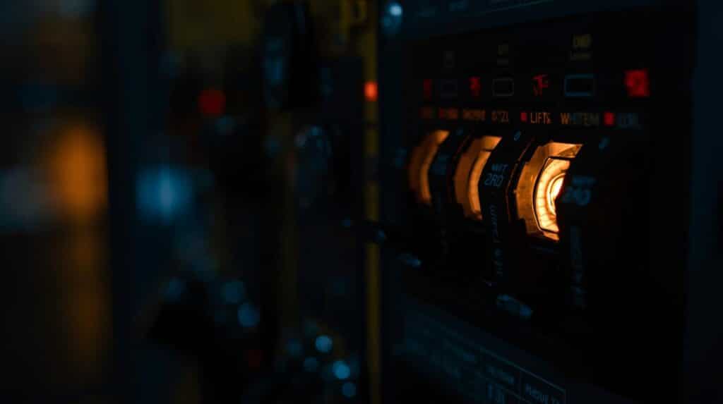 Close de um painel elétrico escuro com interruptores acesos em laranja, destacando detalhes técnicos iluminados.