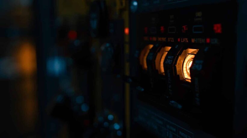 Close de um painel elétrico escuro com interruptores acesos em laranja, destacando detalhes técnicos iluminados.