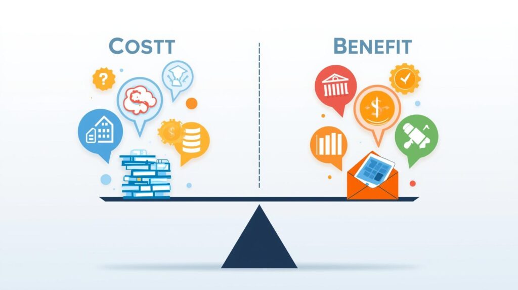 Ilustração de uma balança comparando custo e benefício: à esquerda, pilha de livros e ícones de despesas; à direita, ícones de ganhos e um envelope com dinheiro.