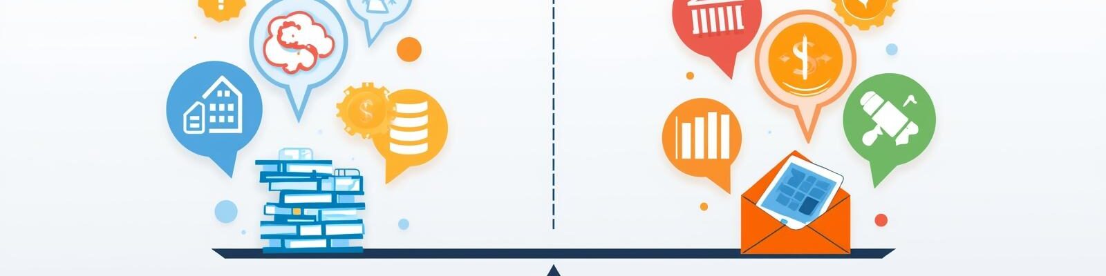Ilustração de uma balança comparando custo e benefício: à esquerda, pilha de livros e ícones de despesas; à direita, ícones de ganhos e um envelope com dinheiro.
