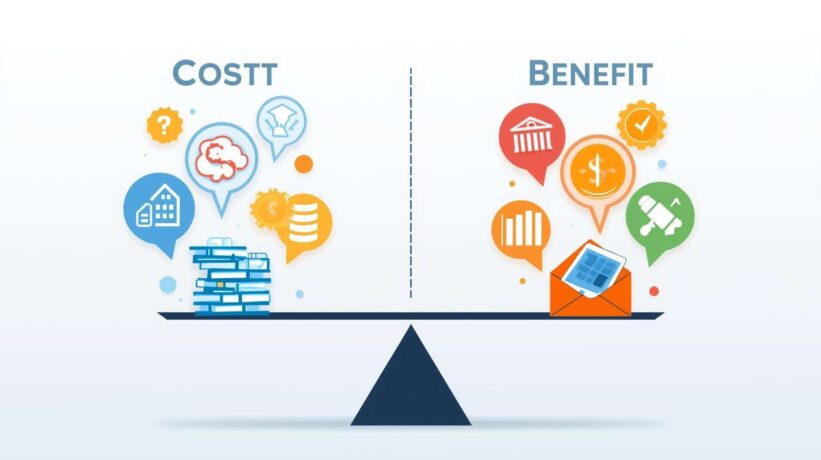 Ilustração de uma balança comparando custo e benefício: à esquerda, pilha de livros e ícones de despesas; à direita, ícones de ganhos e um envelope com dinheiro.