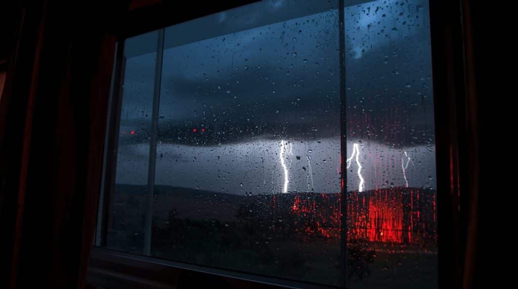 Vista noturna de uma paisagem com chuva intensa e relâmpagos (raios) através de uma janela molhada.