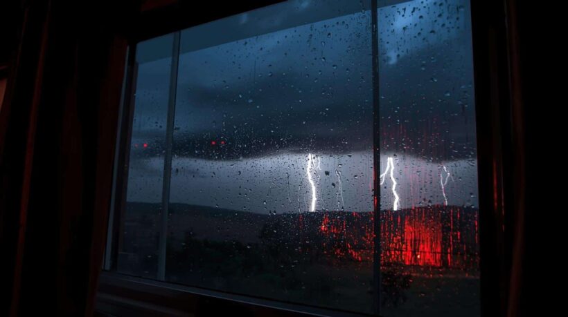 Vista noturna de uma paisagem com chuva intensa e relâmpagos (raios) através de uma janela molhada.