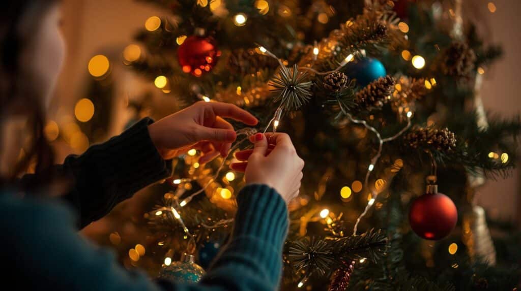Arvore de natal cheio de infeites com uma pessoa arrumando a decoração