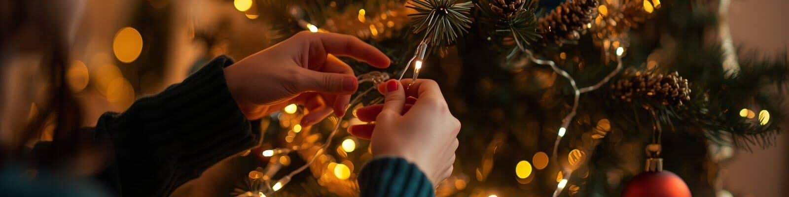 Arvore de natal cheio de infeites com uma pessoa arrumando a decoração