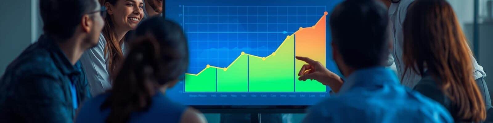 Grupo de seis profissionais sorrindo em uma sala de reuniões, observando um gráfico de linha em uma tela que mostra um aumento expressivo (curva crescente).