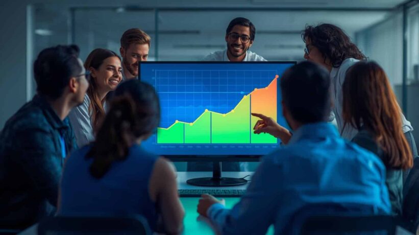 Grupo de seis profissionais sorrindo em uma sala de reuniões, observando um gráfico de linha em uma tela que mostra um aumento expressivo (curva crescente).