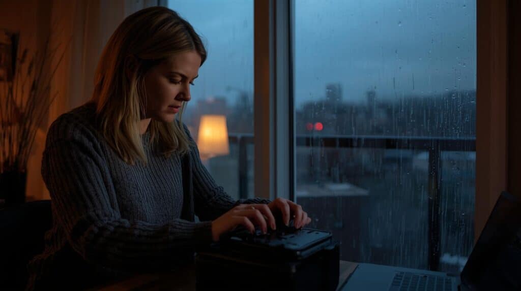 Uma mulher loira sentada em um ambiente interno, trabalhando em um dispositivo eletrônico sobre uma mesa durante uma noite chuvosa.