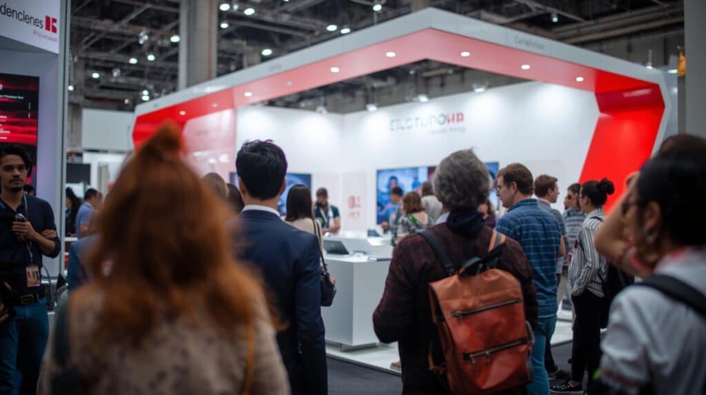 Pessoas vendo stand em um evento de Feira tecnologica Exposec