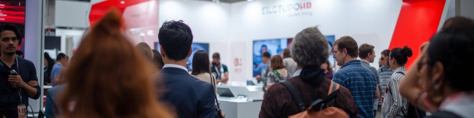 Pessoas vendo stand em um evento de Feira tecnologica Exposec