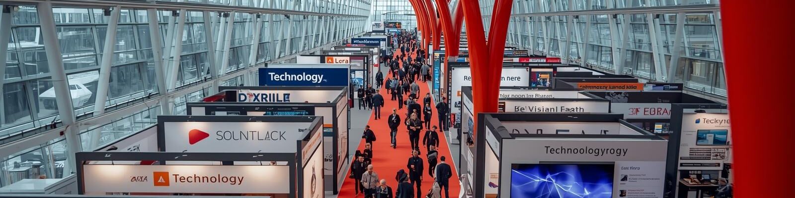 Feira tecnologica da exposec, um corredor vermelho e standes