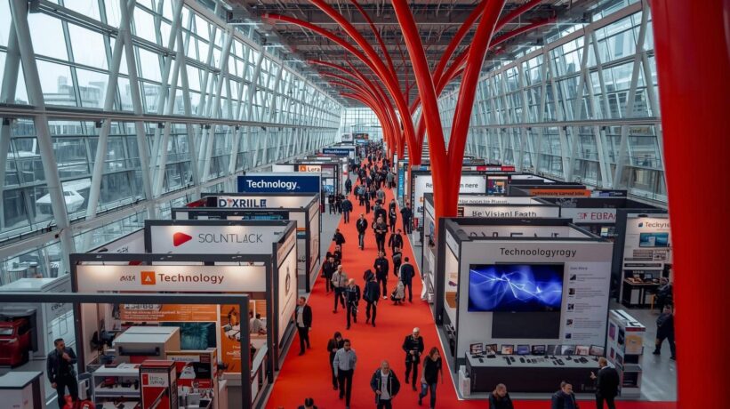 Feira tecnologica da exposec, um corredor vermelho e standes