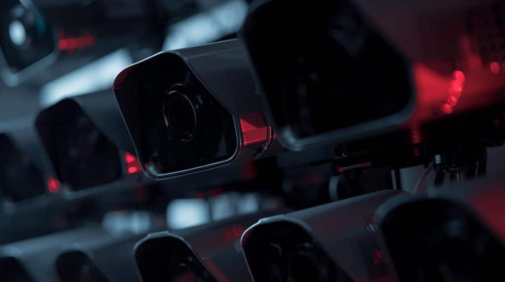 Uma composição técnica em close-up de várias câmaras de segurança (CFTV) modernas, dispostas em fileiras. As câmaras têm um design robusto e industrial em tons de cinza escuro e preto.