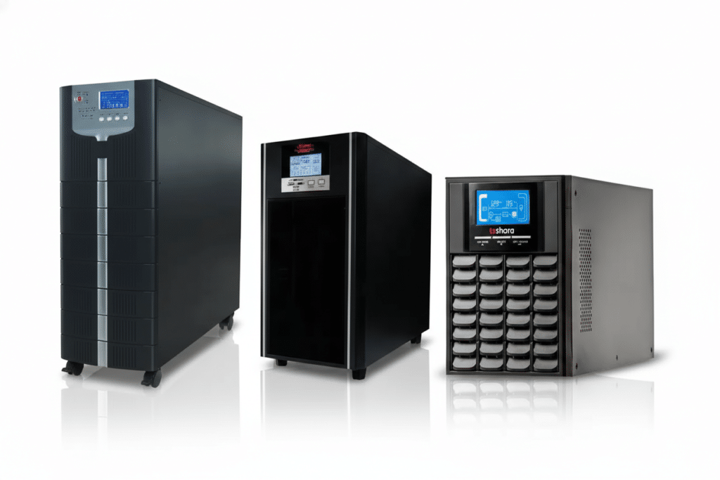 Três equipamentos de proteção de energia (nobreaks) em diferentes tamanhos e potências, exibidos em perspectiva sobre um fundo branco reflexivo.