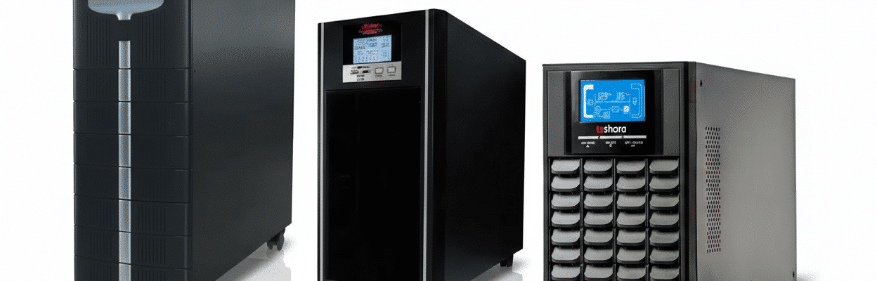 Três equipamentos de proteção de energia (nobreaks) em diferentes tamanhos e potências, exibidos em perspectiva sobre um fundo branco reflexivo.