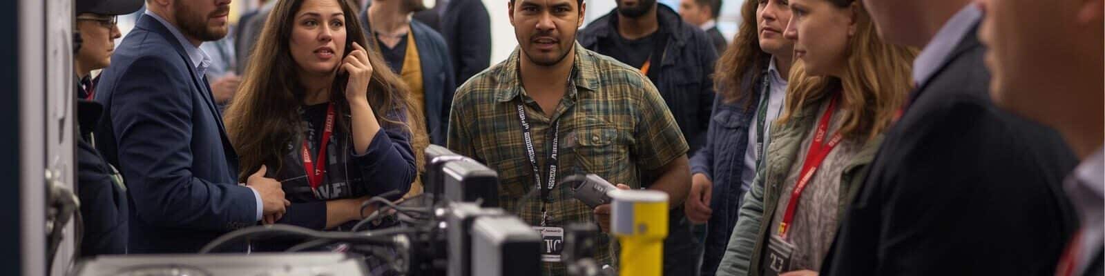 Uma fotografia de um evento setorial ou feira de negócios movimentada. Em primeiro plano, diversos profissionais estão reunidos em torno de uma bancada de exposição que exibe equipamentos de segurança e energia, incluindo um nobreak (UPS) em destaque.