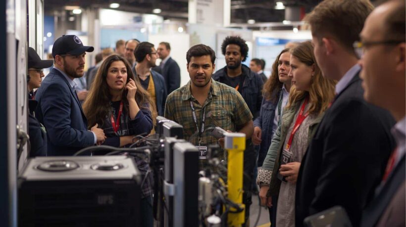 Uma fotografia de um evento setorial ou feira de negócios movimentada. Em primeiro plano, diversos profissionais estão reunidos em torno de uma bancada de exposição que exibe equipamentos de segurança e energia, incluindo um nobreak (UPS) em destaque.
