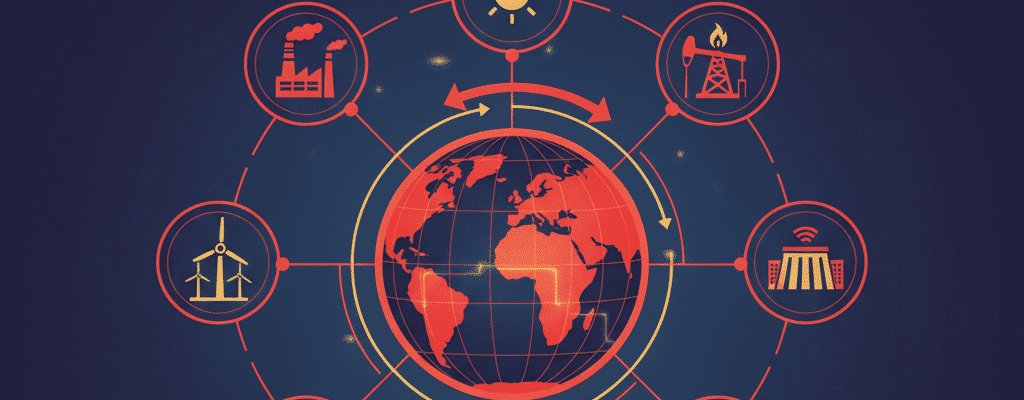 Um infográfico centralizado em um globo terrestre estilizado em tons de vermelho e laranja contra um fundo azul escuro