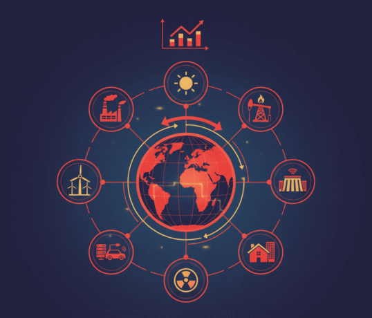 Um infográfico centralizado em um globo terrestre estilizado em tons de vermelho e laranja contra um fundo azul escuro