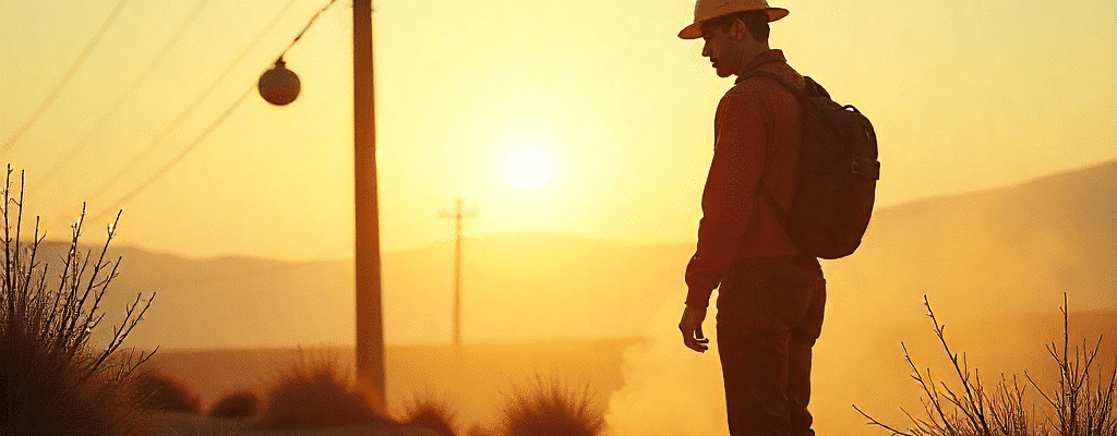 A silhueta de um trabalhador usando capacete amarelo e mochila, parado em uma estrada de terra ao pôr do sol