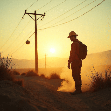 A silhueta de um trabalhador usando capacete amarelo e mochila, parado em uma estrada de terra ao pôr do sol
