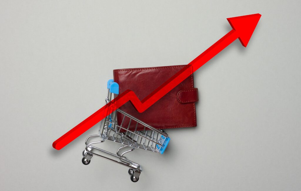 Uma imagem conceitual vista de cima sobre um fundo cinza claro. No centro, há uma carteira de couro marrom e um pequeno carrinho de compras de metal inclinado.