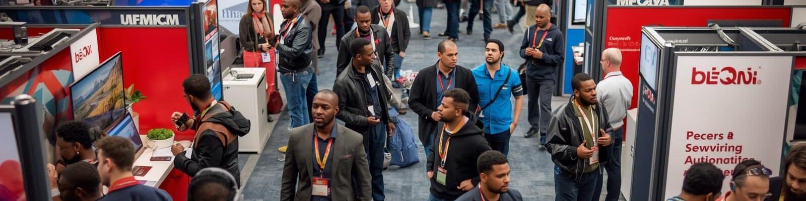 Pessoas em evento da Exposec vendo os stand