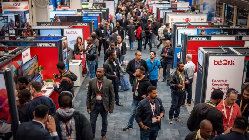 Pessoas em evento da Exposec vendo os stand