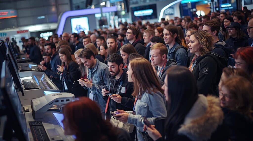 Multidão em feira de tecnologia Exposec