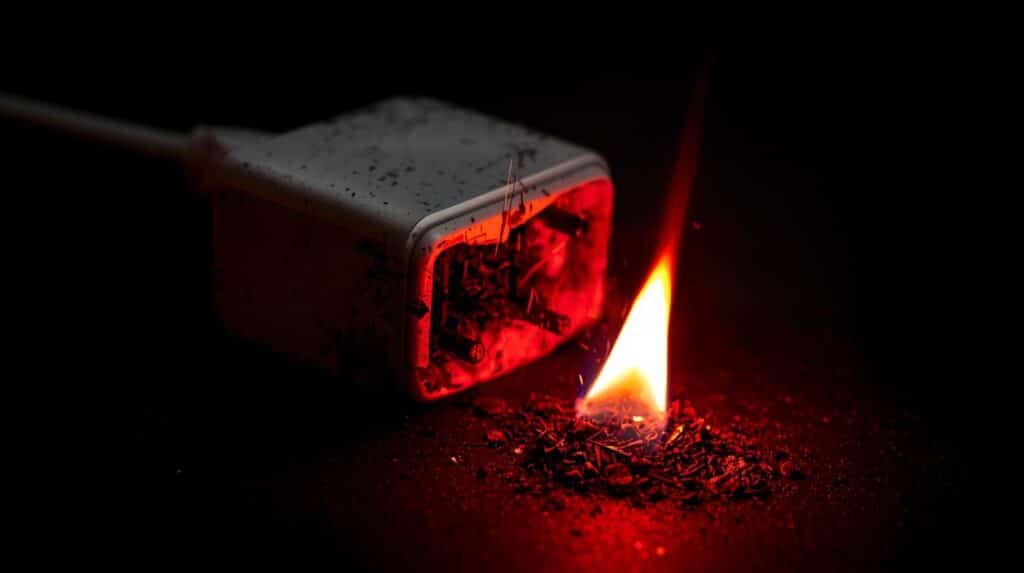Carregador de celular queimado e danificado, com chamas e fumaça vermelha na base, em um fundo escuro