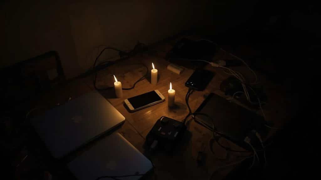 uma mesa de madeira em um ambiente totalmente escuro, iluminada apenas por três velas acesas. Sobre a mesa, estão espalhados diversos dispositivos eletrônicos desligados: dois laptops, um smartphone e um tablet, todos conectados por uma rede de cabos e carregadores a uma régua de energia central.