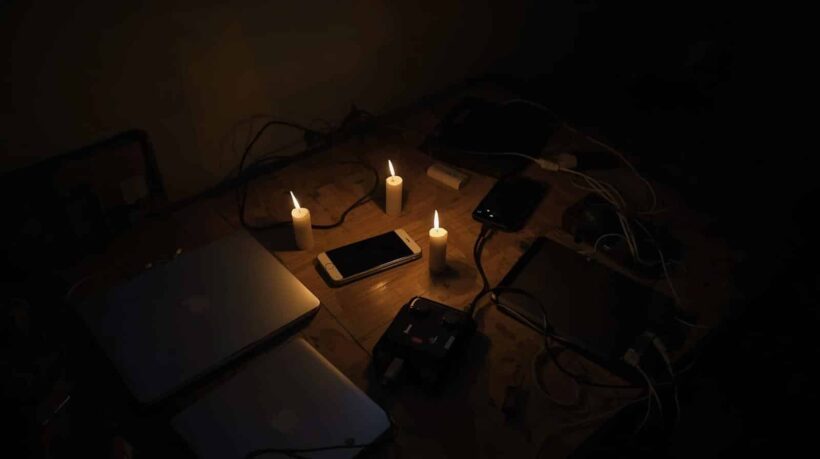 uma mesa de madeira em um ambiente totalmente escuro, iluminada apenas por três velas acesas. Sobre a mesa, estão espalhados diversos dispositivos eletrônicos desligados: dois laptops, um smartphone e um tablet, todos conectados por uma rede de cabos e carregadores a uma régua de energia central.
