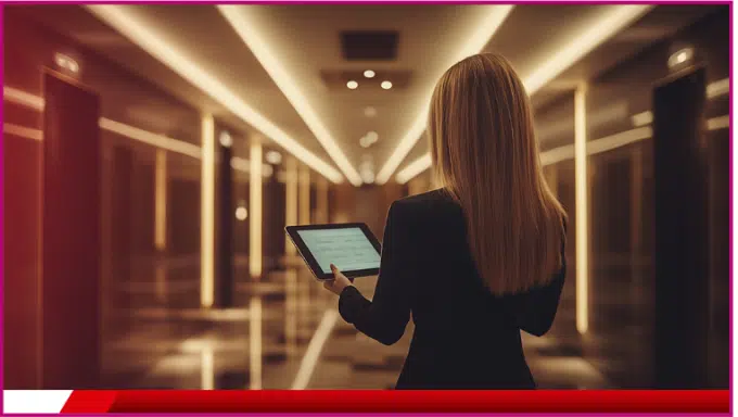 Uma mulher loira de costas segurando um tablet em um hall de hotel 