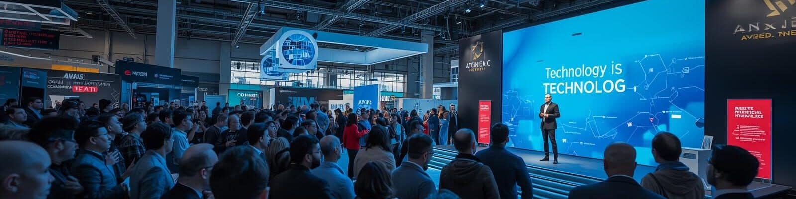 Uma fotografia de grande angular de um auditório lotado durante uma conferência de tecnologia. No palco, um palestrante está posicionado à frente de um enorme telão de LED azul brilhante que exibe o texto "Technology is TECHNOLOGY" ao lado de gráficos de redes globais.