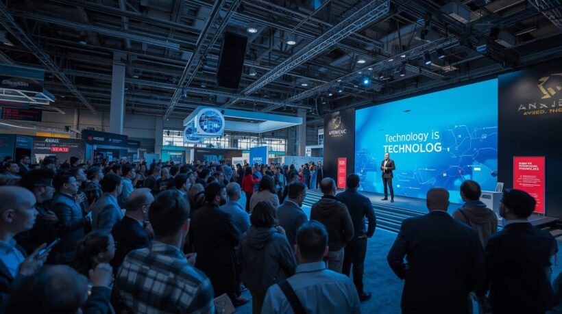 Uma fotografia de grande angular de um auditório lotado durante uma conferência de tecnologia. No palco, um palestrante está posicionado à frente de um enorme telão de LED azul brilhante que exibe o texto "Technology is TECHNOLOGY" ao lado de gráficos de redes globais.
