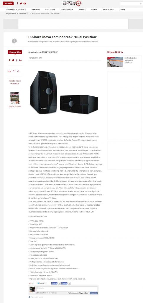 Noticia: TS Shara com novo nobreak "Dual Position" - Digital Security