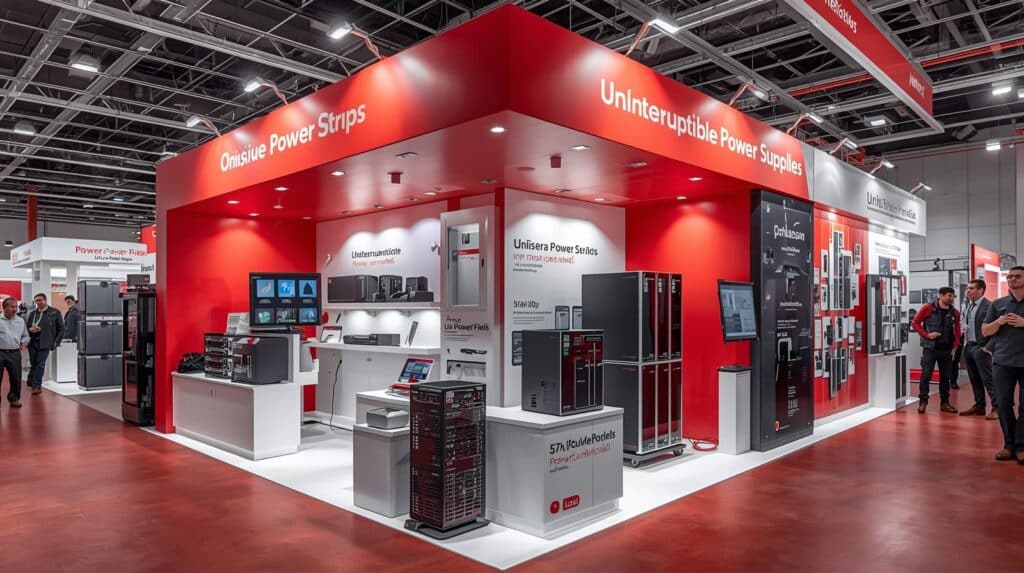 Estande de exposição moderno com estrutura em vermelho vibrante e interior branco. O letreiro superior exibe os títulos "Uninterruptible Power Supplies" e "Power Strips".