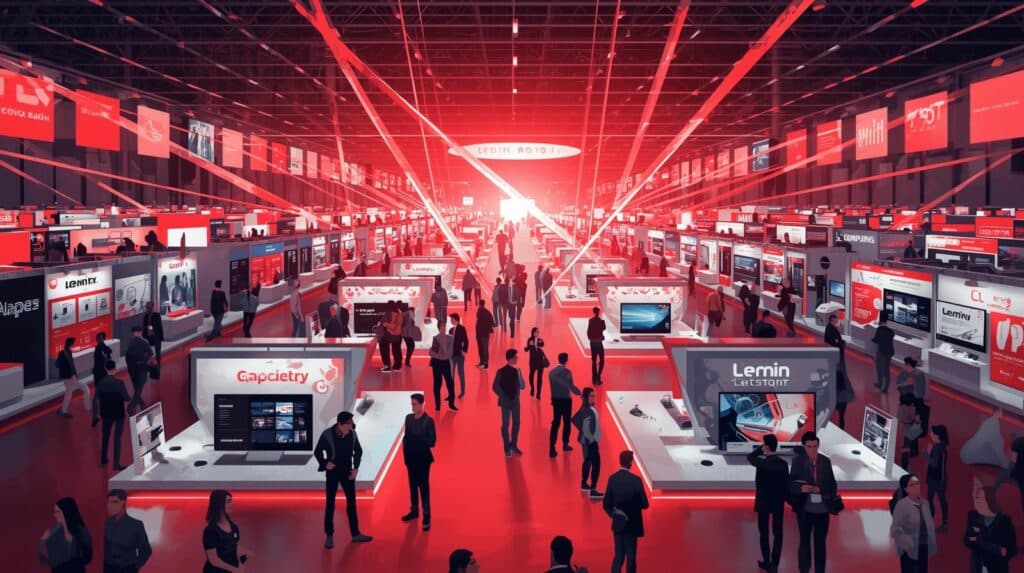 Uma ilustração digital panorâmica de uma feira tecnológica de grande porte em estilo artístico moderno