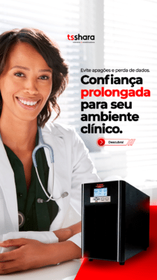 uma doutora negra sorrindo com o estetoscopio no pescoço e um nobreak a frente 