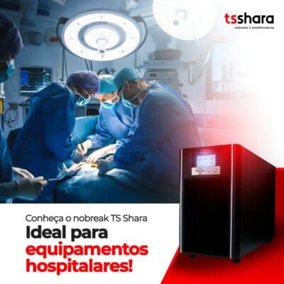 arte de um nobreak e no fundo uma sala de cirurgia em processo de operação