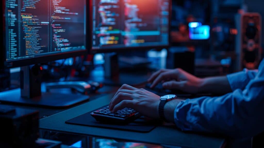 close-up das mãos de um profissional de TI operando um teclado em uma estação de trabalho avançada. O ambiente é escuro, iluminado pelo brilho azul e vermelho de dois monitores que exibem linhas densas de código de programação.