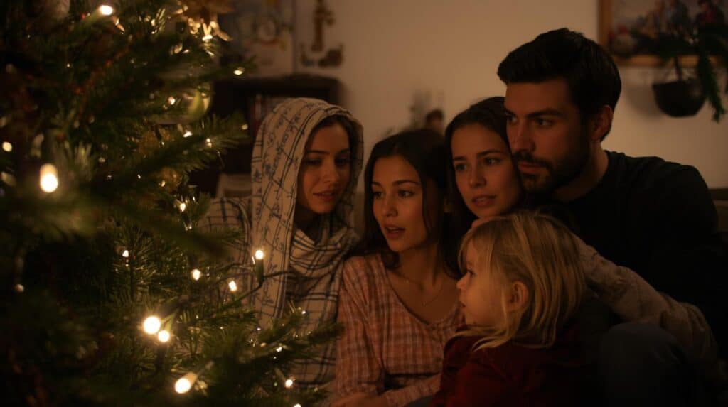 Familia olhando para a decoração natalina com preocupação
