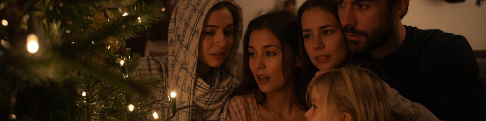 Familia olhando para a decoração natalina com preocupação