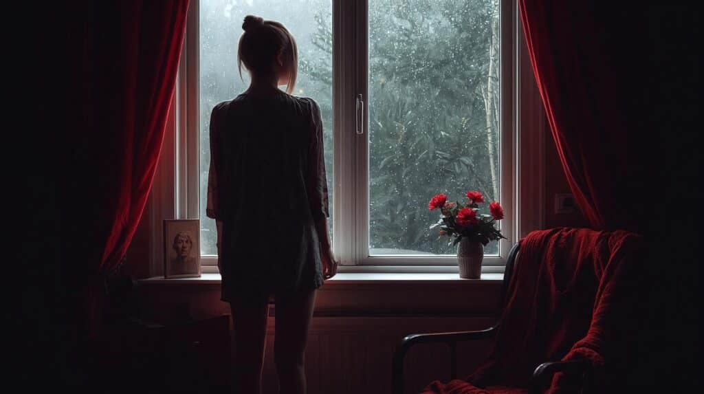 Mulher dentro de casa observando pela janela a chuva de verão