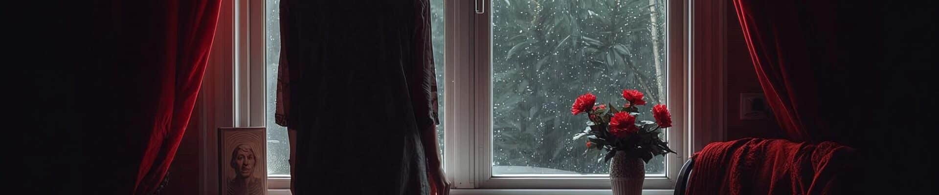 Mulher dentro de casa observando pela janela a chuva de verão