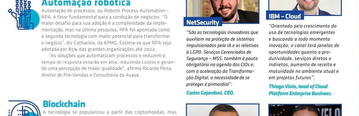 Página de revista com matérias sobre tecnologia, incluindo temas como Internet das Coisas, Automação Robótica e Blockchain. Destaque para um quadro com o CEO da TS Shara