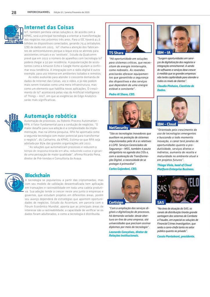 Página de revista com matérias sobre tecnologia, incluindo temas como Internet das Coisas, Automação Robótica e Blockchain. Destaque para um quadro com o CEO da TS Shara
