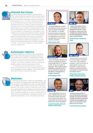 Página de revista com matérias sobre tecnologia, incluindo temas como Internet das Coisas, Automação Robótica e Blockchain. Destaque para um quadro com o CEO da TS Shara